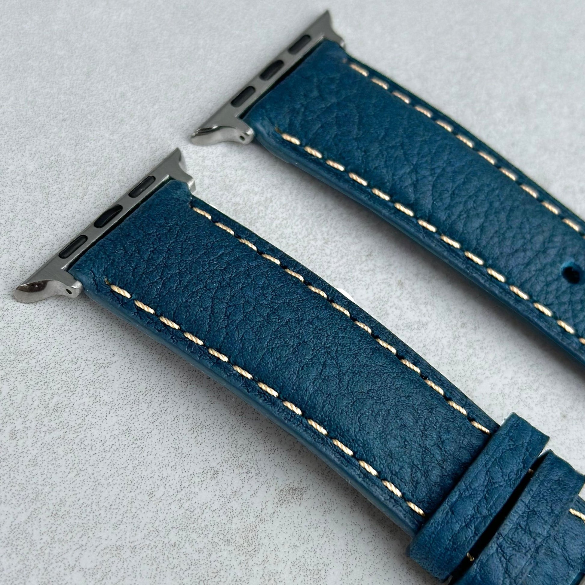 Top of the Rome blue Italian leather Apple Watch strap. Ivory stitching. Padded leather strap. Watch And Strap.