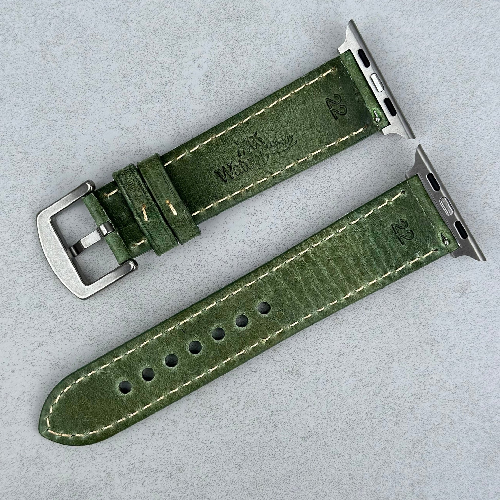 Rear of the Rome green full grain Italian leather Apple Watch strap. Series 3, 4, 5, 6, 7, 8, 9, SE, Ultra. Watch And Strap