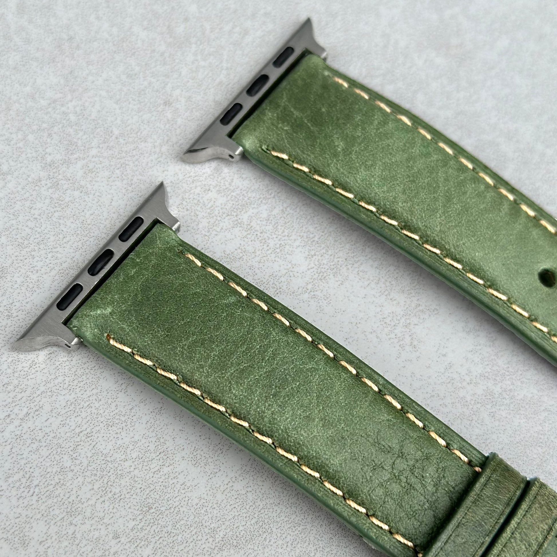 Top of the Rome green Italian leather Apple Watch strap. Contrast ivory stitching. Watch And Strap.