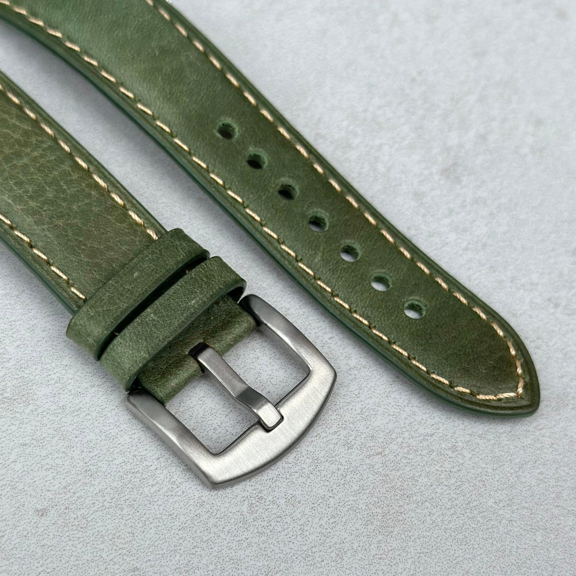 Brushed 316L stainless steel buckle on the Rome green Italian leather watch strap. Watch And Strap.