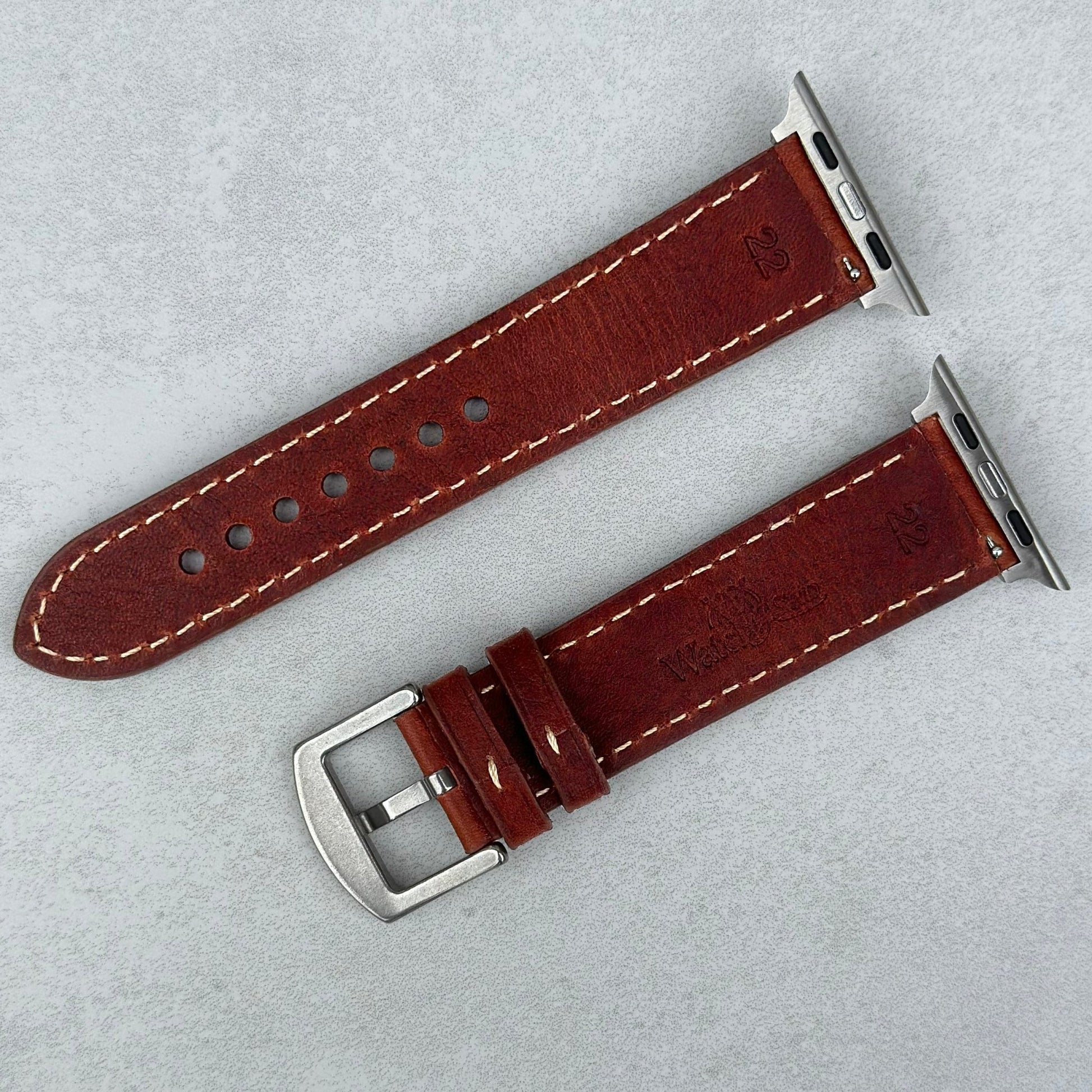 Rear of the Rome terracotta brown Italian leather Apple Watch strap. Watch And Strap.