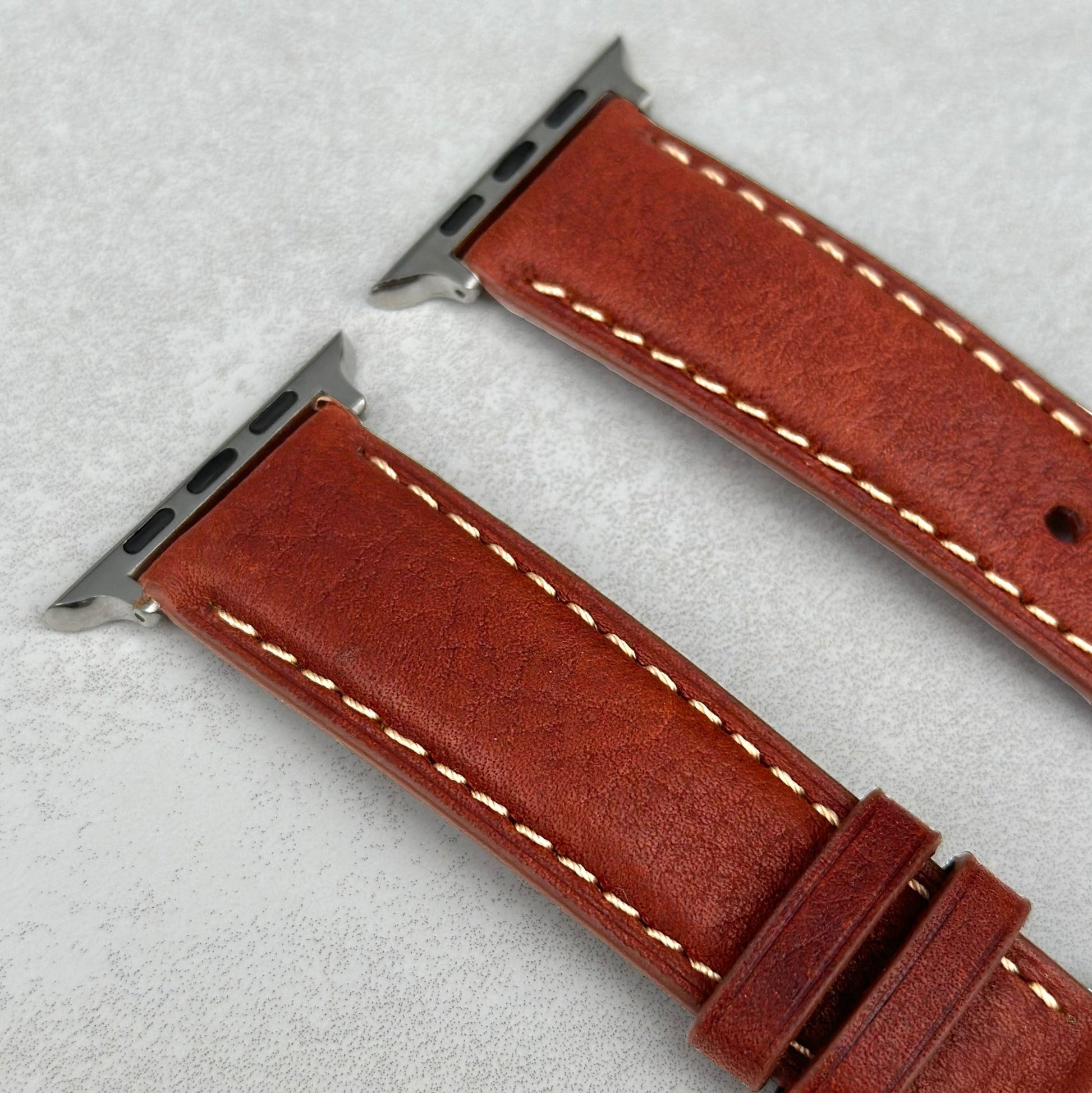 Top of the Terracotta brown Italian leather Apple Watch strap. Contrast ivory stitching. Watch And Strap